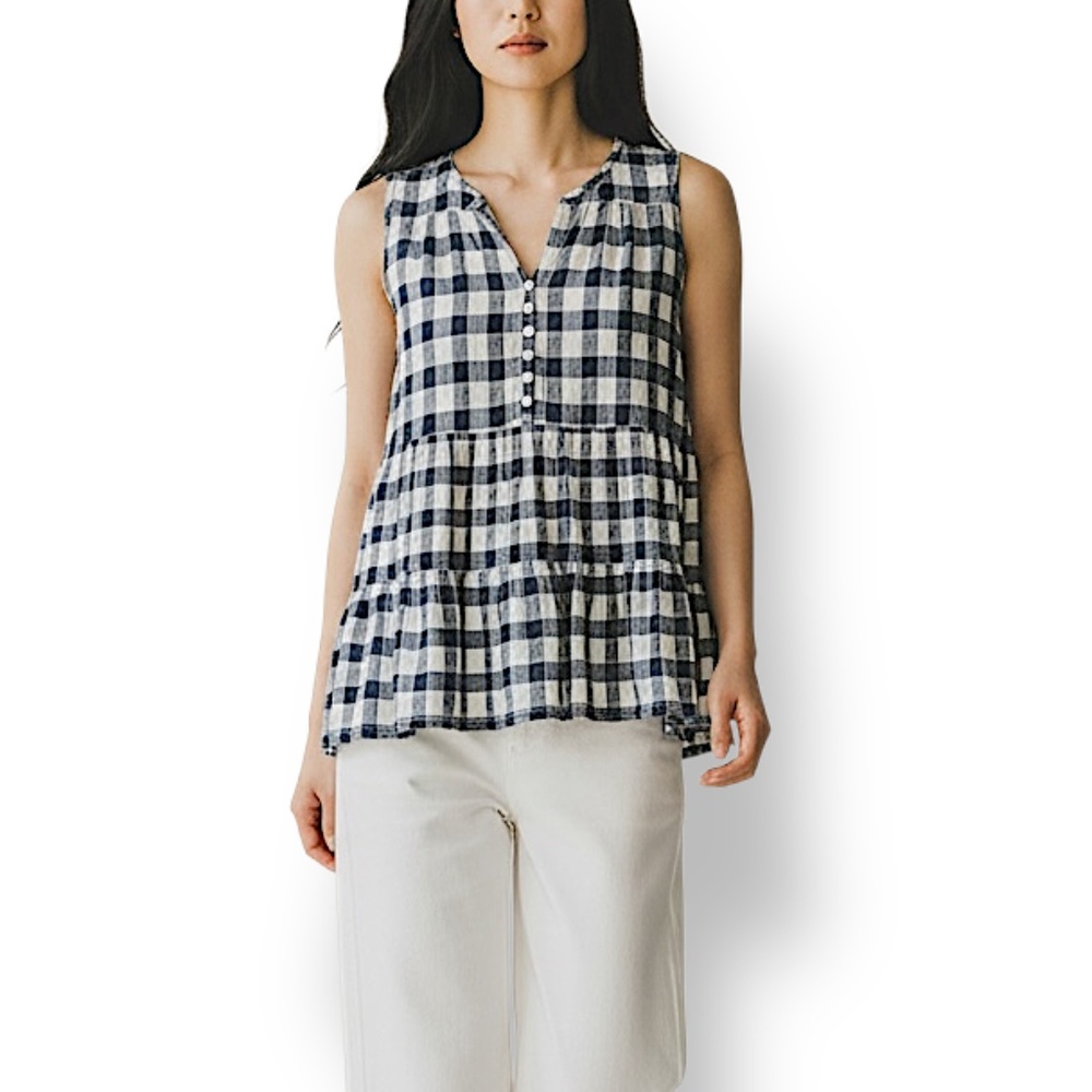 4/$20 Pilcro by Anthropologie Gingham Sleeveless Tunic Top Blue White XS